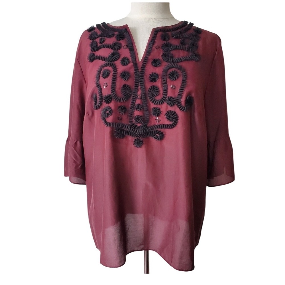 NWT RSVP by Talbots Silk Blend Embroidered Blouse in Burgundy XL‎